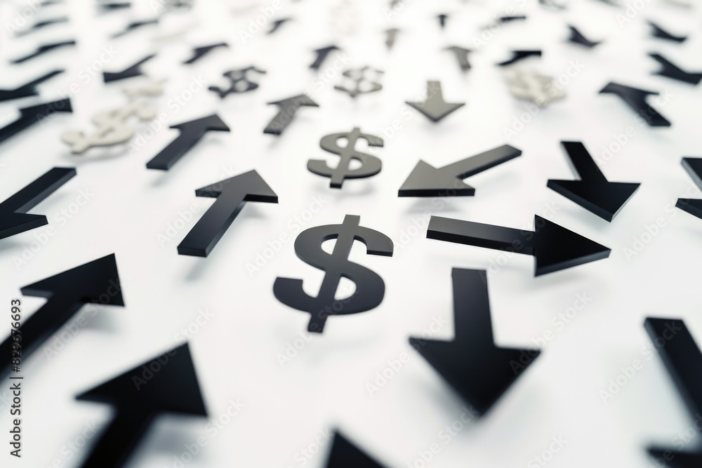 Poster Image of multiple arrows with dollar signs pointing in different directions. Suitable for financial concepts