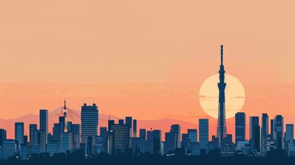 Silhouette of city skyline at sunset with red sun in background