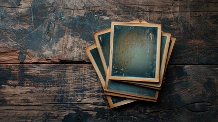 A stack of old photos on a wooden table, suitable for nostalgic themes