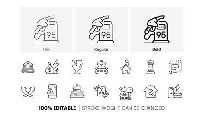 Electricity price, Home and Court building line icons. Pack of Typewriter, Warning message, Intersection arrows icon. Car charging, Fragile package, Inspect pictogram. Architectural plan. Vector