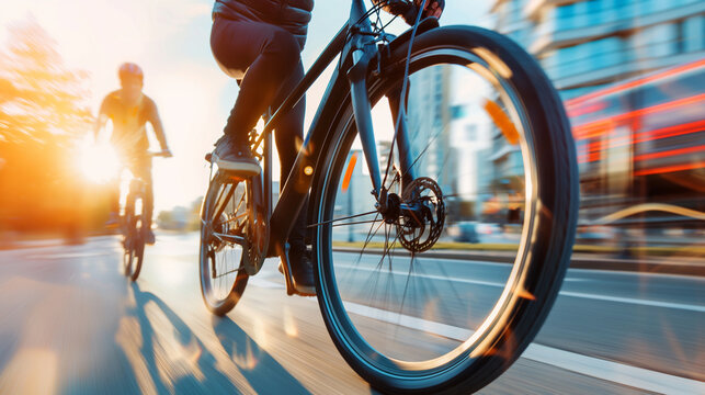 Stylish electric bicycle rider speeding along a dedicated bike lane, with cityscape softly blurred behind and copy space for text