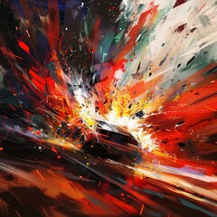 An impressionistic digital painting of an EV car explosion