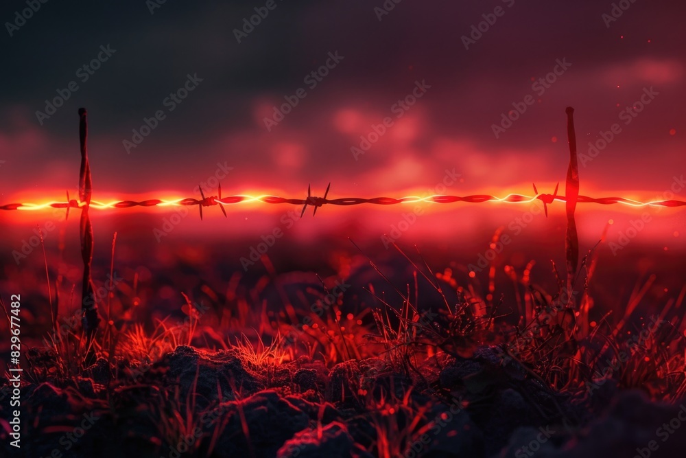 Aufkleber A barbed wire fence in the middle of a field. Suitable for illustrating boundaries and security concepts