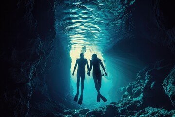 A couple of people standing in the water. Suitable for travel or lifestyle themes - Powered by Adobe