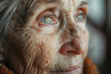 Detailed close up of an elderly woman's face. Suitable for healthcare and senior lifestyle concepts