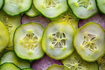 Freshly sliced cucumbers on a wooden table, ideal for healthy eating concept