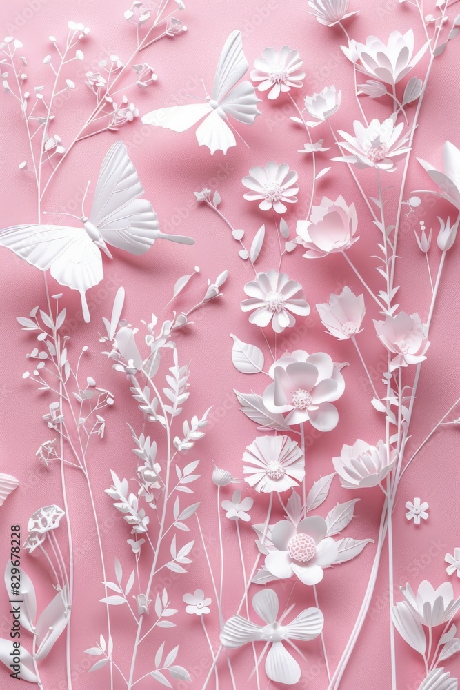 Poster pink background with paper flowers and butterfly, suitable for various design projects