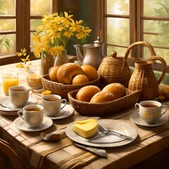 describe a scene of a rable decorated wiyh breakfast served with breads, juices and fruits.

