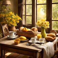 describe a scene of a rable decorated wiyh breakfast served with breads, juices and fruits.
