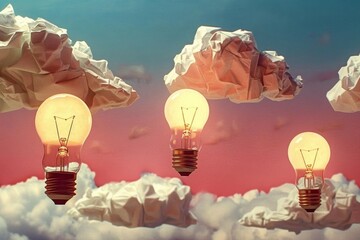 Illustration of several 3D floating crumpled paper light bulbs, each glowing softly against a flat minimalstyle blush pink background