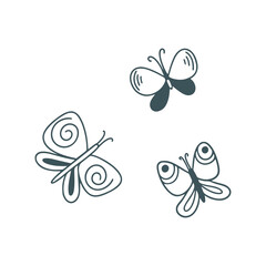 Butterflies doodle sketch style. Cute hand drawn moths. Butterflies simple ink outline, vector graphic