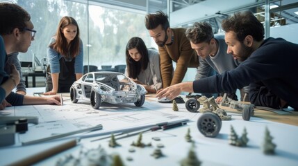 A group of people sharing a fun leisure event, sitting around a table, looking at a model car. AIG41