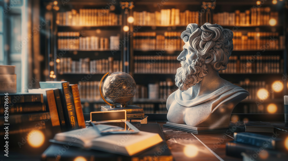 Poster a modern philosopher's workspace filled with digital devices, set against a blurred background of cl