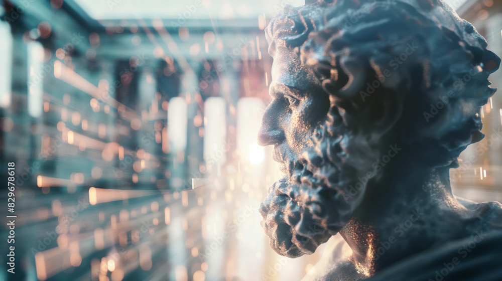 Poster artistic blend of a philosopher's profile with digital algorithms, set against a blurred background,