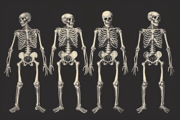 A group of skeletons standing next to each other. Perfect for Halloween decorations