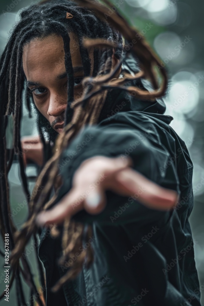 Poster A man with dreadlocks is extending his hand out. Suitable for various concepts