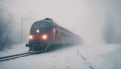 Passenger train moving through fog and heavy snow
