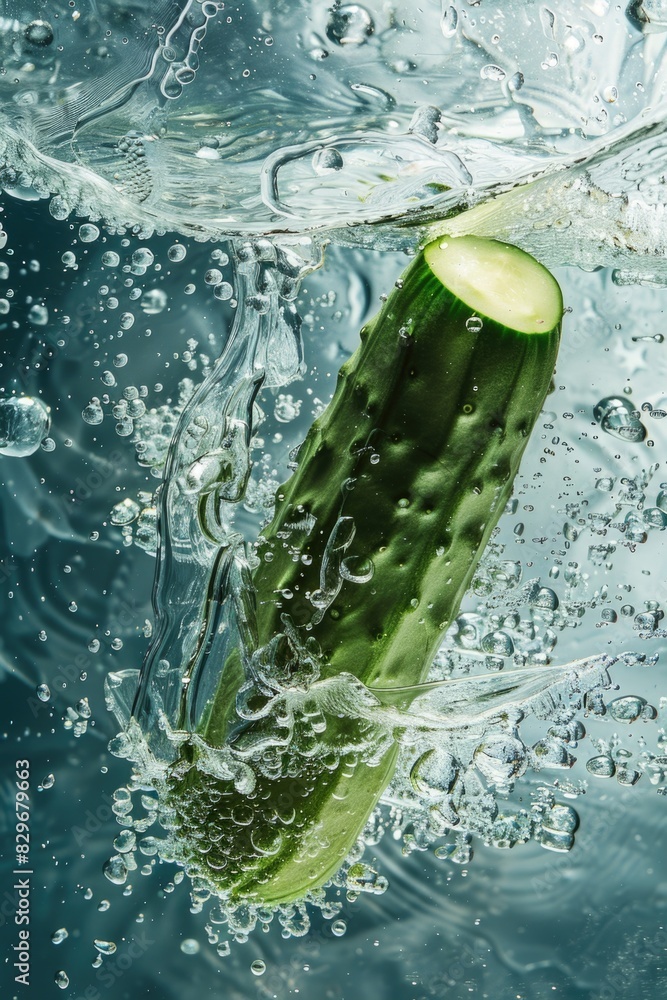 Poster A cucumber floating in water, suitable for food and health-related concepts