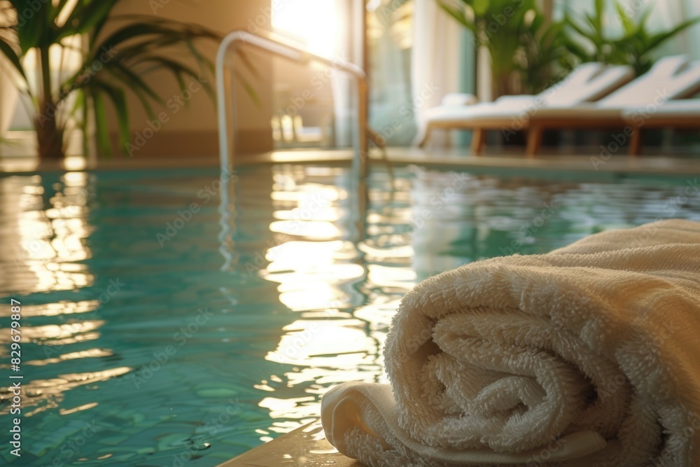 Poster a towel resting on the edge of a swimming pool. perfect for travel brochures
