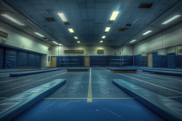 A spacious gym with blue mats and colorful lights, perfect for fitness or sports concepts