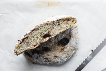 Overhead view of sliced date jam filled bread, flatlay of date filled bread slices