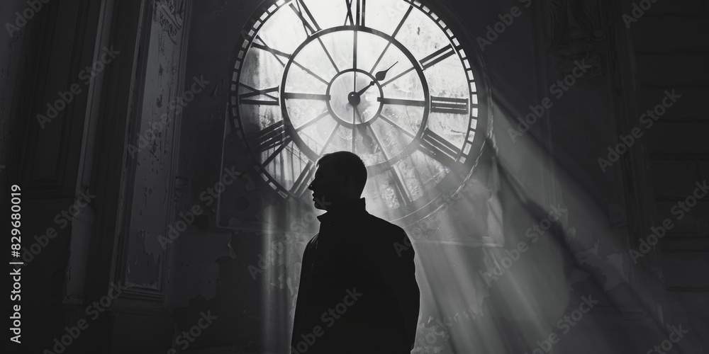 Poster A man standing in front of a large clock tower. Perfect for illustrating concepts of time management