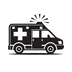Simple Black and White Ambulance Illustration with Emergency Lights. Silhouette of an Ambulance on A white background.