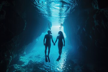 A man and a woman holding hands in a cave. Suitable for relationship and adventure concepts