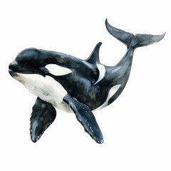 Ultra realistic watercolor style illustration of beautiful killer whale, high detailed, isolated on white