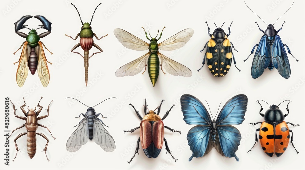 Poster group of different colored bugs on a white background. suitable for educational materials