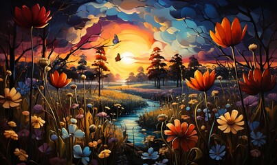 Sunset Painting With Foreground Flowers