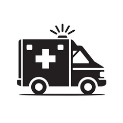 Black and White Ambulance Icon: Simplistic Silhouette with Healthcare Symbol in Flat Vector Art. Silhouette of an Ambulance on A white background.