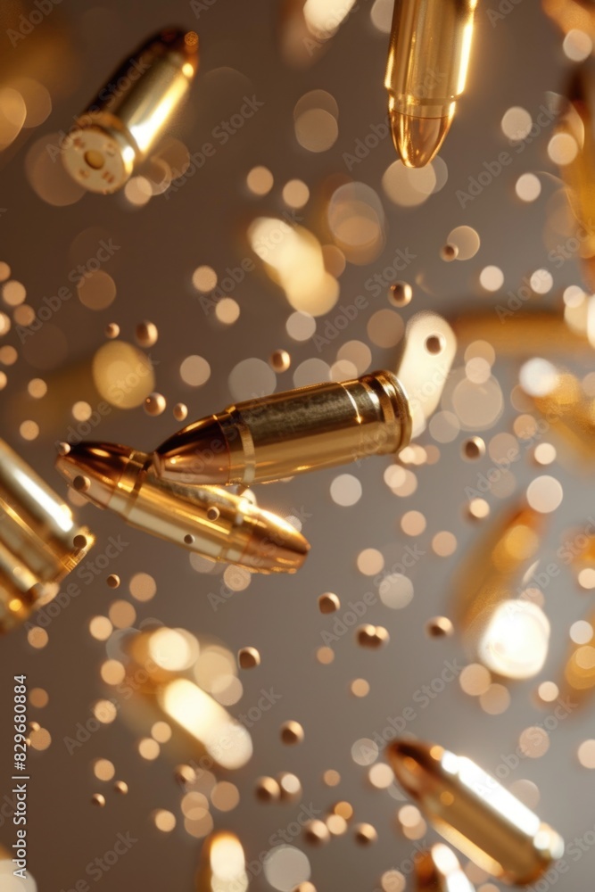 Poster a dynamic image of bullet shells flying through the air. suitable for military and action-themed pro