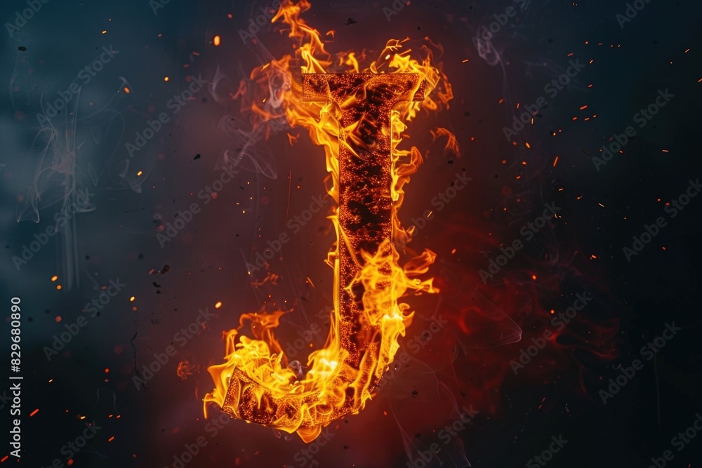 Poster a burning letter j on a black background. suitable for design projects and typography