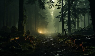 Illuminated Trees in Dark Forest