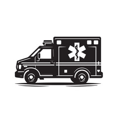 Black and White Ambulance Silhouette: Graphic Design for Emergency Vehicles. Silhouette of an Ambulance on A white background.