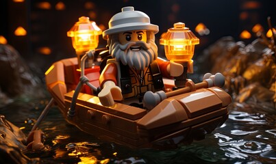 Lego Man in Boat With Two Lights