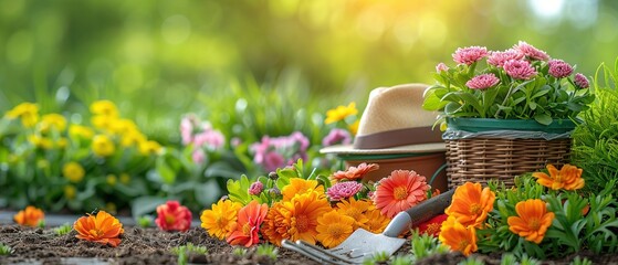 Sunlit garden with colorful flowers, a hat, and gardening tools.
