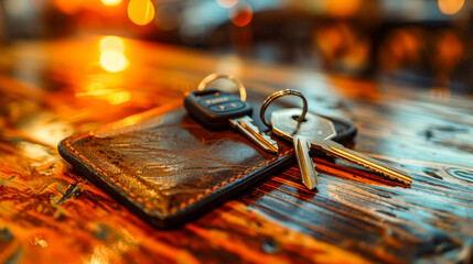 Leather Wallet with Keys and Keycard on Wooden Surface. - Powered by Adobe