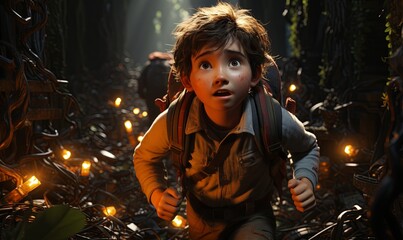 Young Boy Walking in Dark Forest