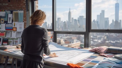 An interior designer is absorbed in evaluating various fabric samples spread across her studio table, with a backdrop of the cityscape outside. AIG41