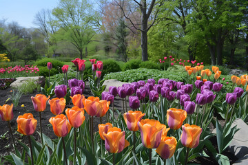 A beautiful and lush garden filled with tulips of various vibrant colors