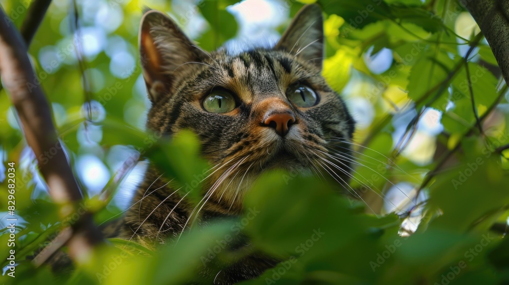 Poster close up of a cat sitting in a tree. suitable for pet or nature themes