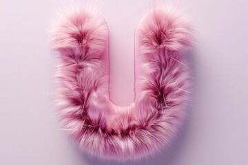 Fototapeta premium A pink furry letter U hanging on a wall. Ideal for educational materials or children's room decor
