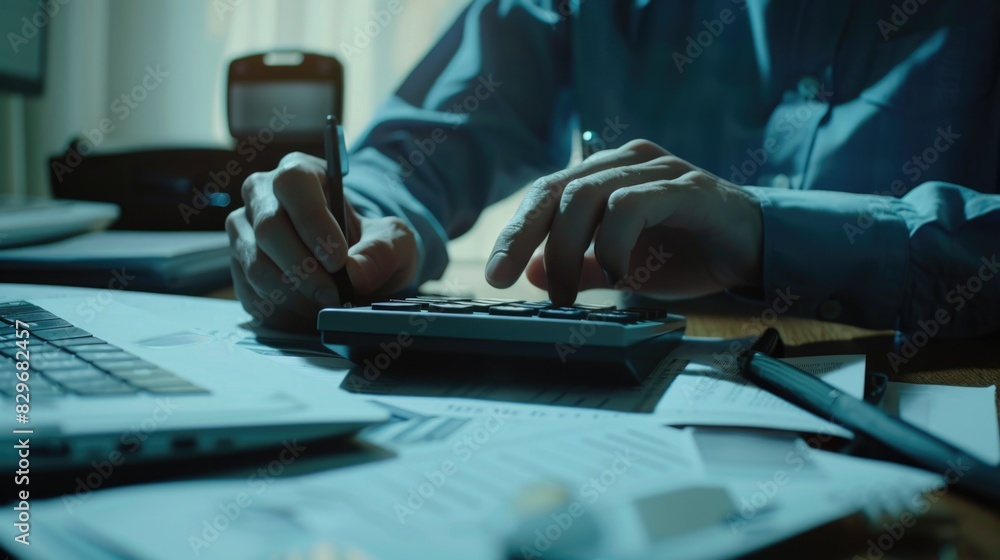 Poster person typing on a calculator at a desk. suitable for business concepts