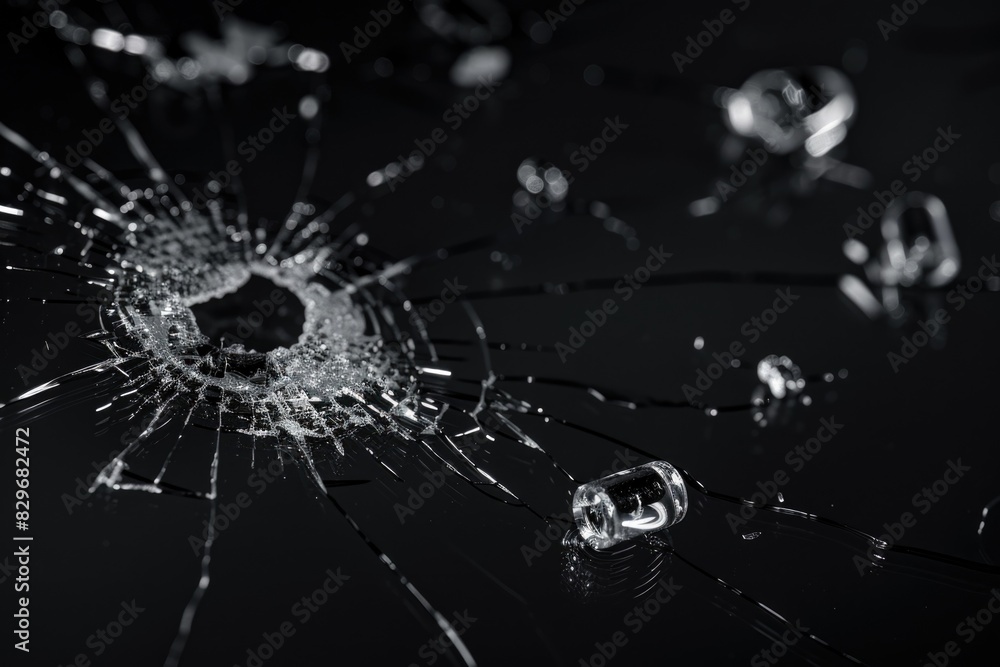 Poster a broken glass window with a bullet hole, suitable for crime or vandalism concepts