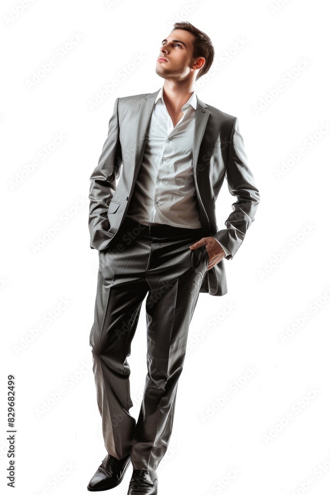 Poster a man in a suit standing confidently with hands in pockets. ideal for business concepts