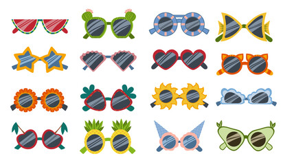 Summer sunglesses set in retro style.  Colorful summertime sunglasses for party. Vector illustration on a white background. Big eyeglasses flat vector collection.