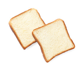 Pieces of fresh toast bread isolated on white, top view