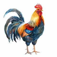 Ultra realistic watercolor style illustration of beautiful rooster, high detailed, isolated on white